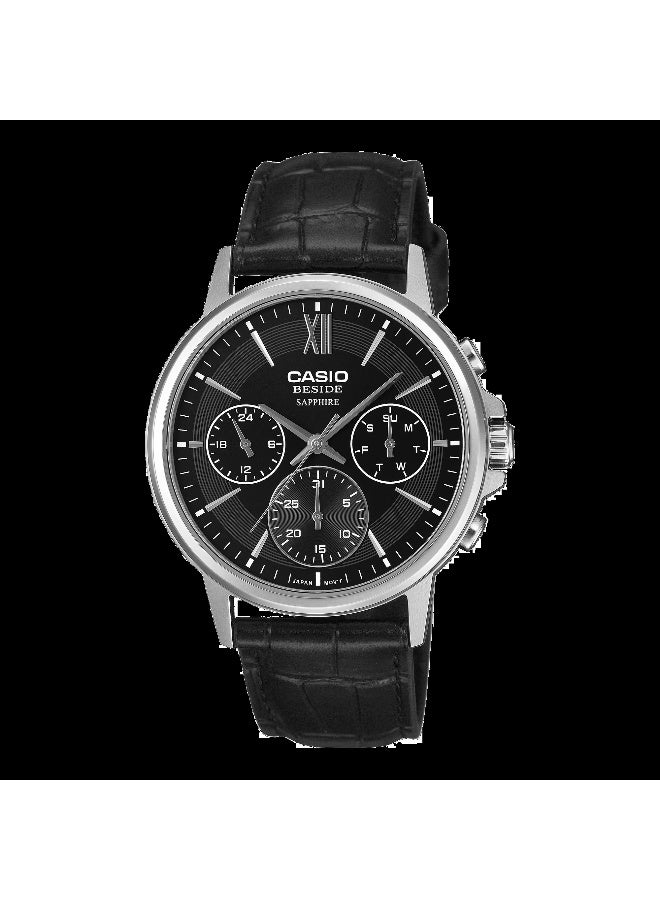 Beside Sapphire Glass Sleather Strap Men's Wrist Watch - BMS-300L-1AVDF